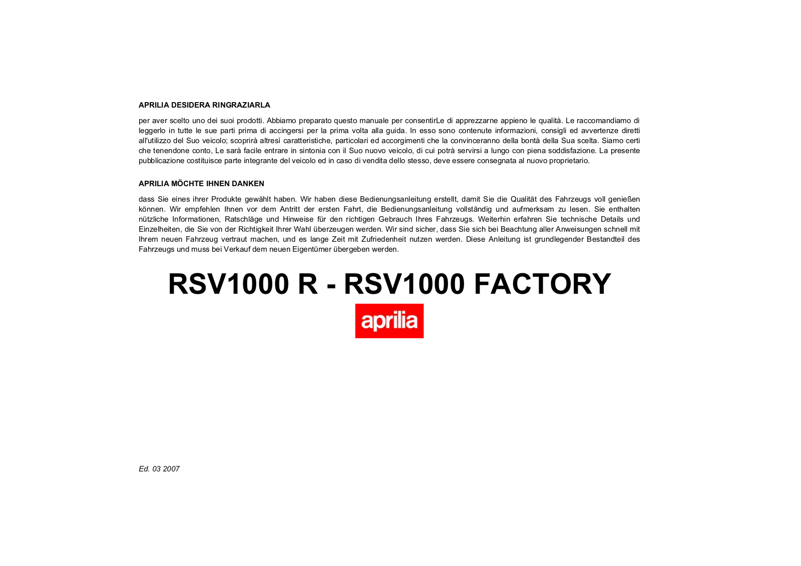 aprilia RSV 1000 R, RSV 1000 Factory User Manual