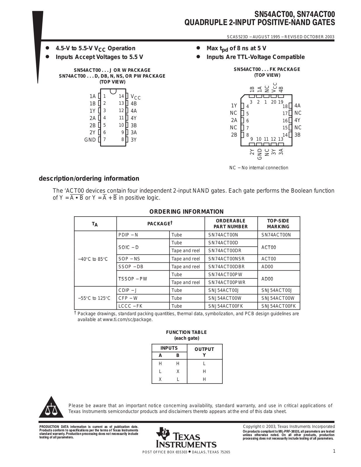 TEXAS INSTRUMENTS SN54ACT00 Technical data