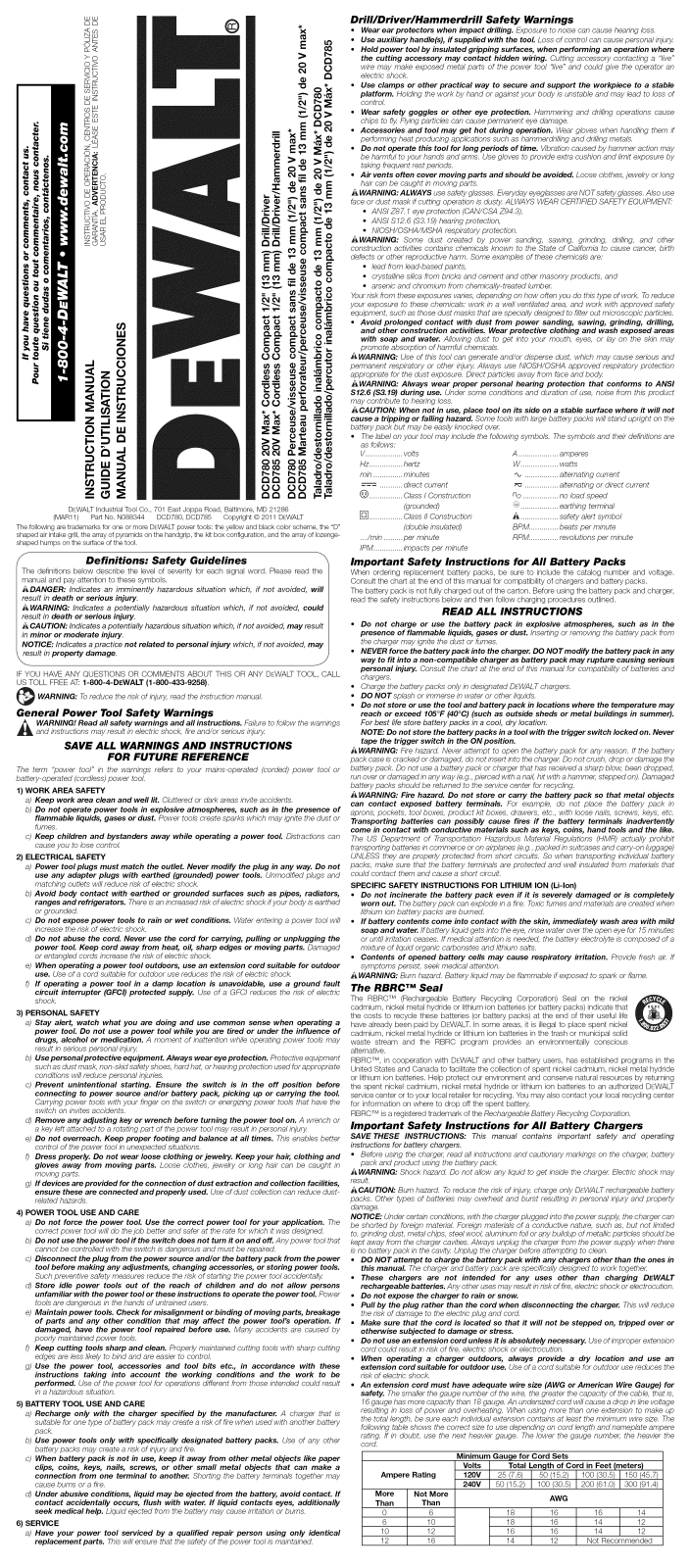 DeWalt DCD785C2 TYPE1, DCD780C2 TYPE1 Owner’s Manual