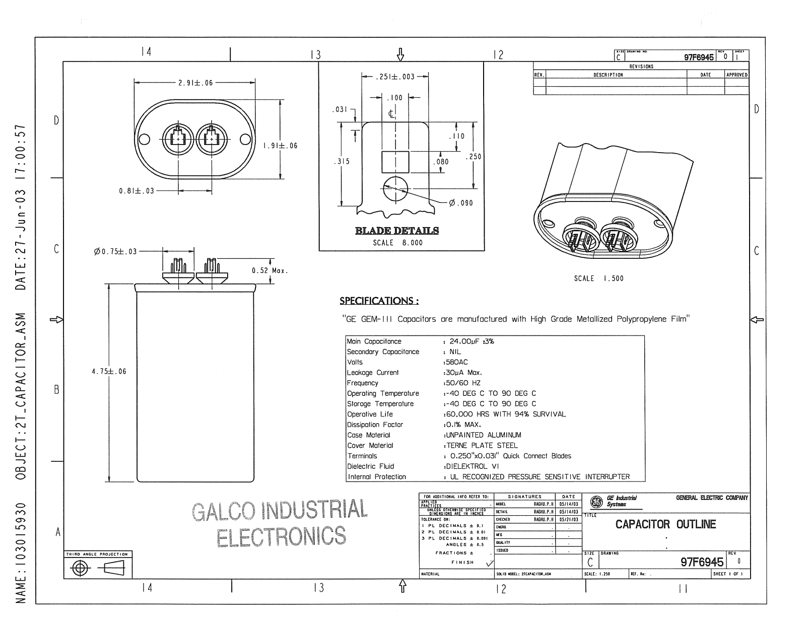 GE Capacitor 97F6945 Dimensional Sheet