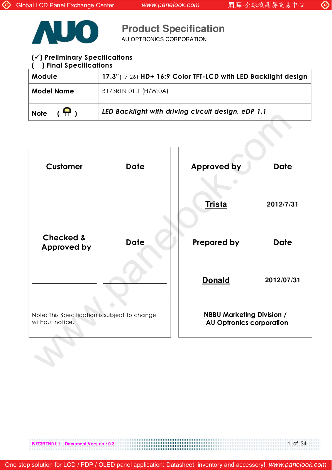 AUO B173RTN01.1 Specification