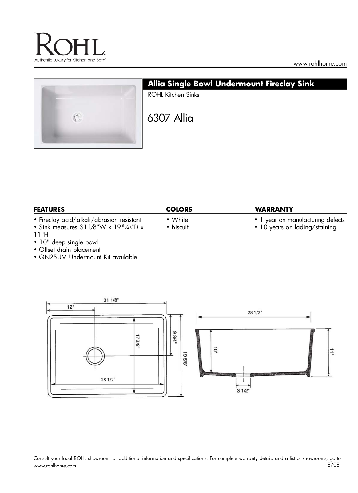 Rohl 6307 Spec Info