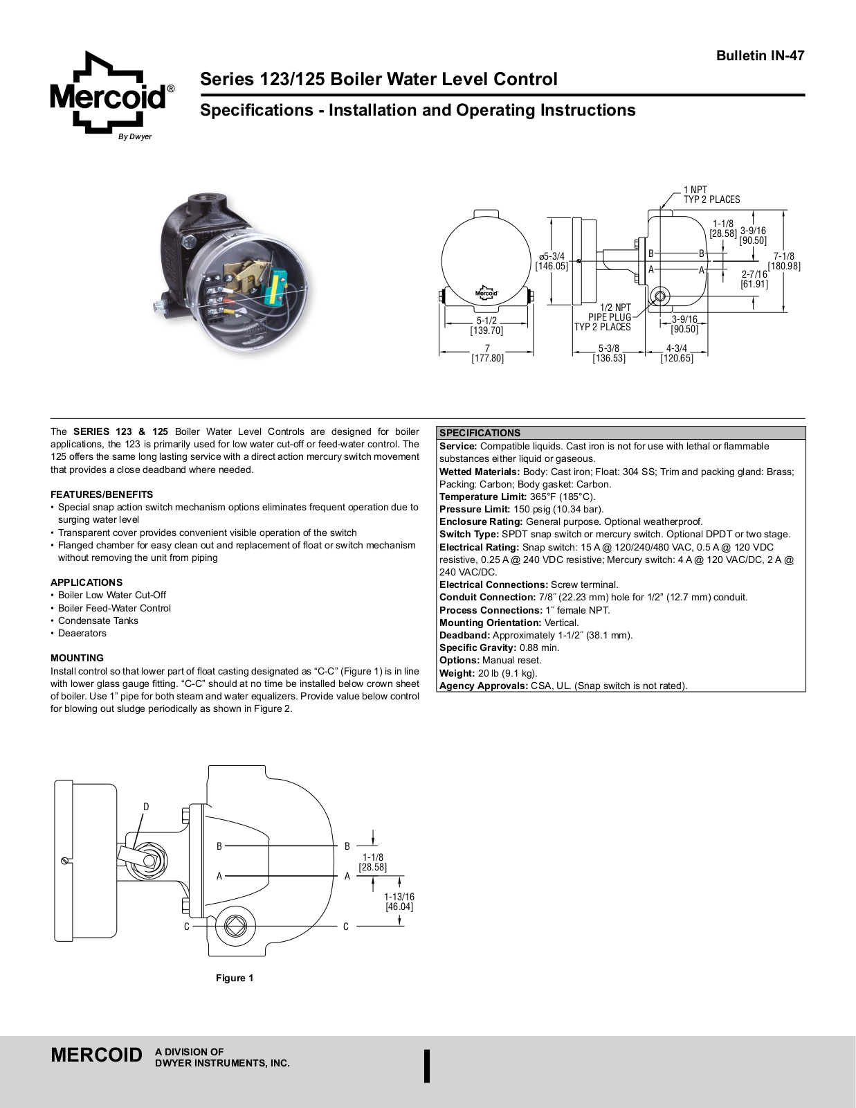 Dwyer Instruments Boiler Water Level Control Series 123, Boiler Water Level Control Series 125 Installation and Operating Instructions