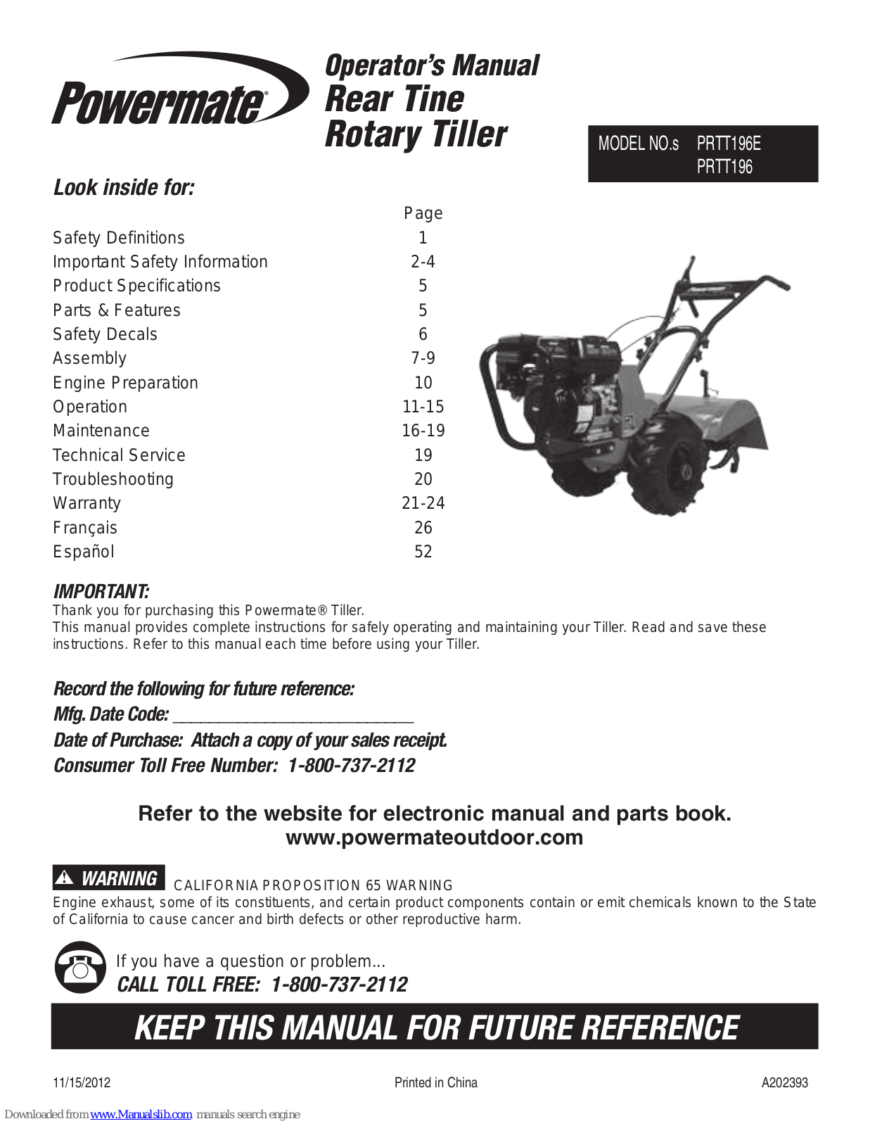 Powermate PRTT196E, PRTT196 Operator's Manual