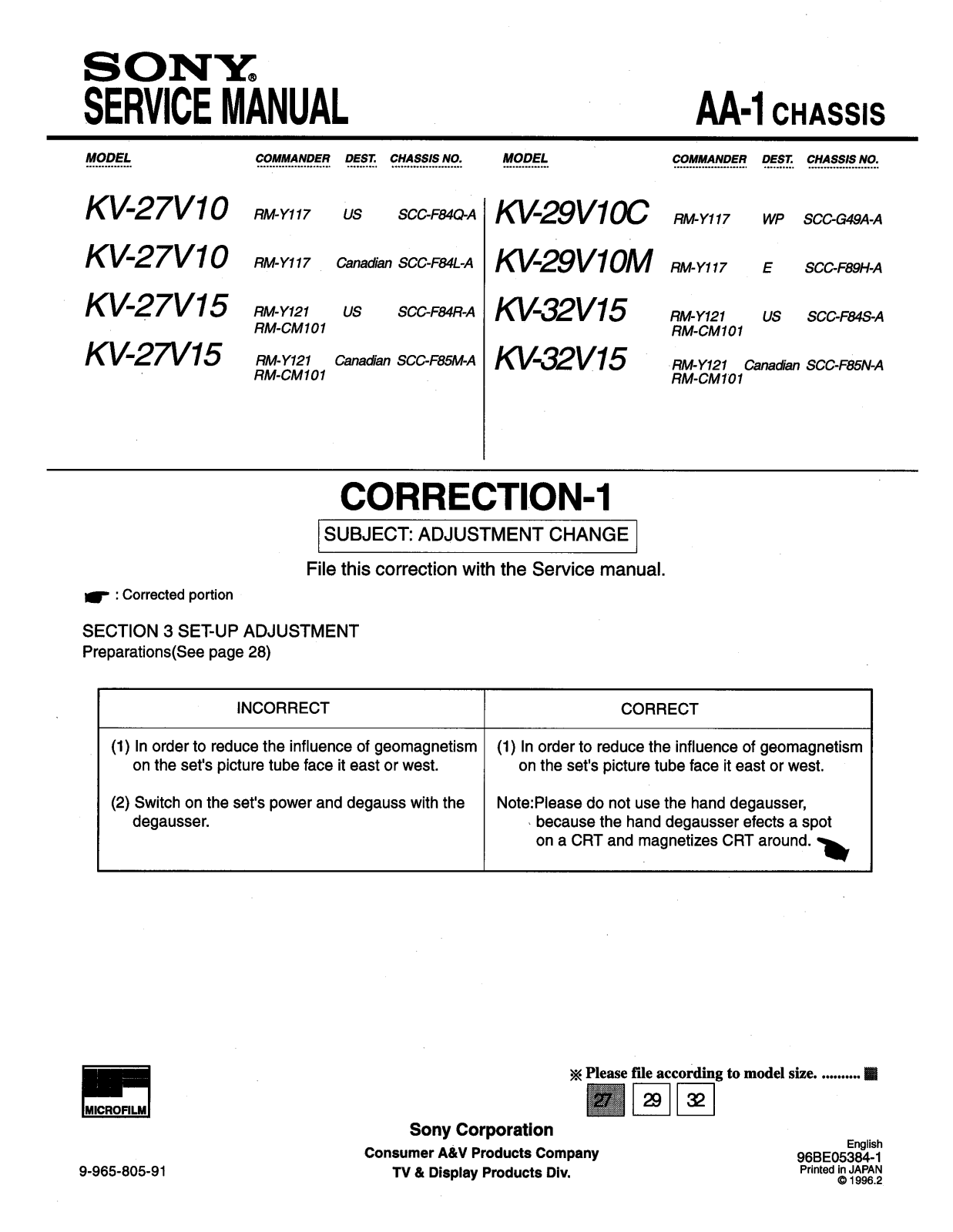 SONY KV-32V15, KV-27V10, KV-27V15, KV-29V10M, KV-29V10C SERVICE MANUAL