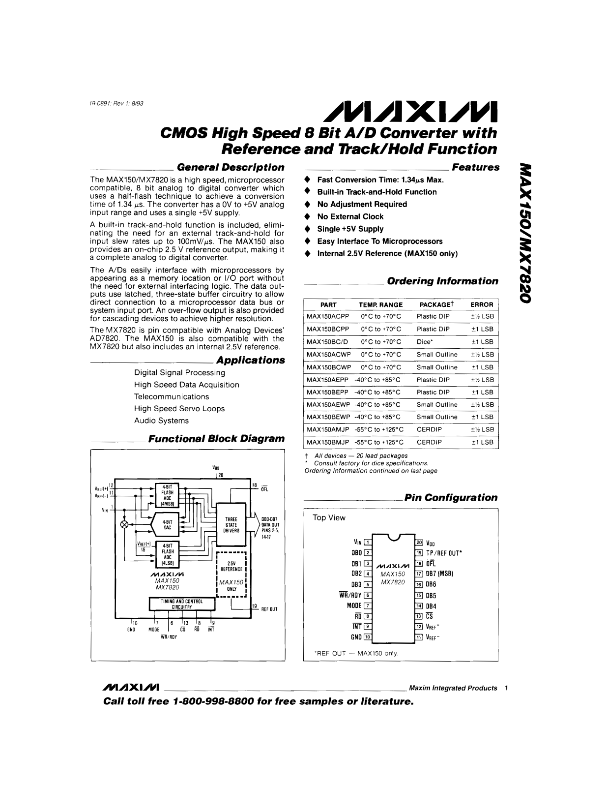 Maxim MX7820BQ, MX7820CQ, MX7820KCWP, MX7820KN, MX7820LCWP Datasheet