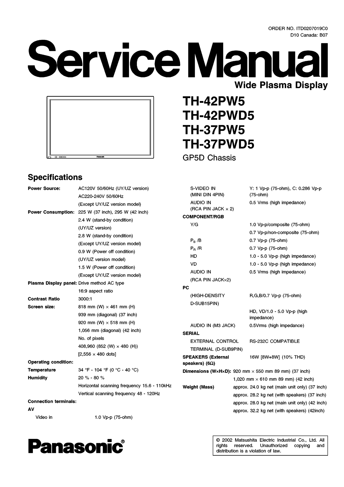 Panasonic GP5D, TH-42PW5, TH-42PWD5, TH-37PW5, TH-37PWD5 Service Manual
