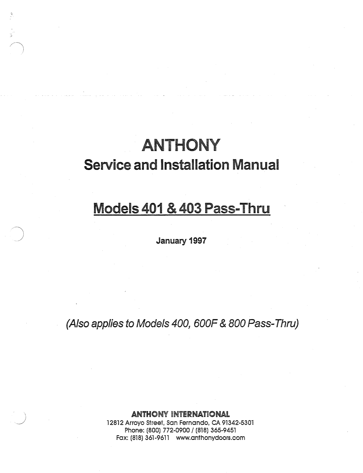 Anthony 600F Service Manual