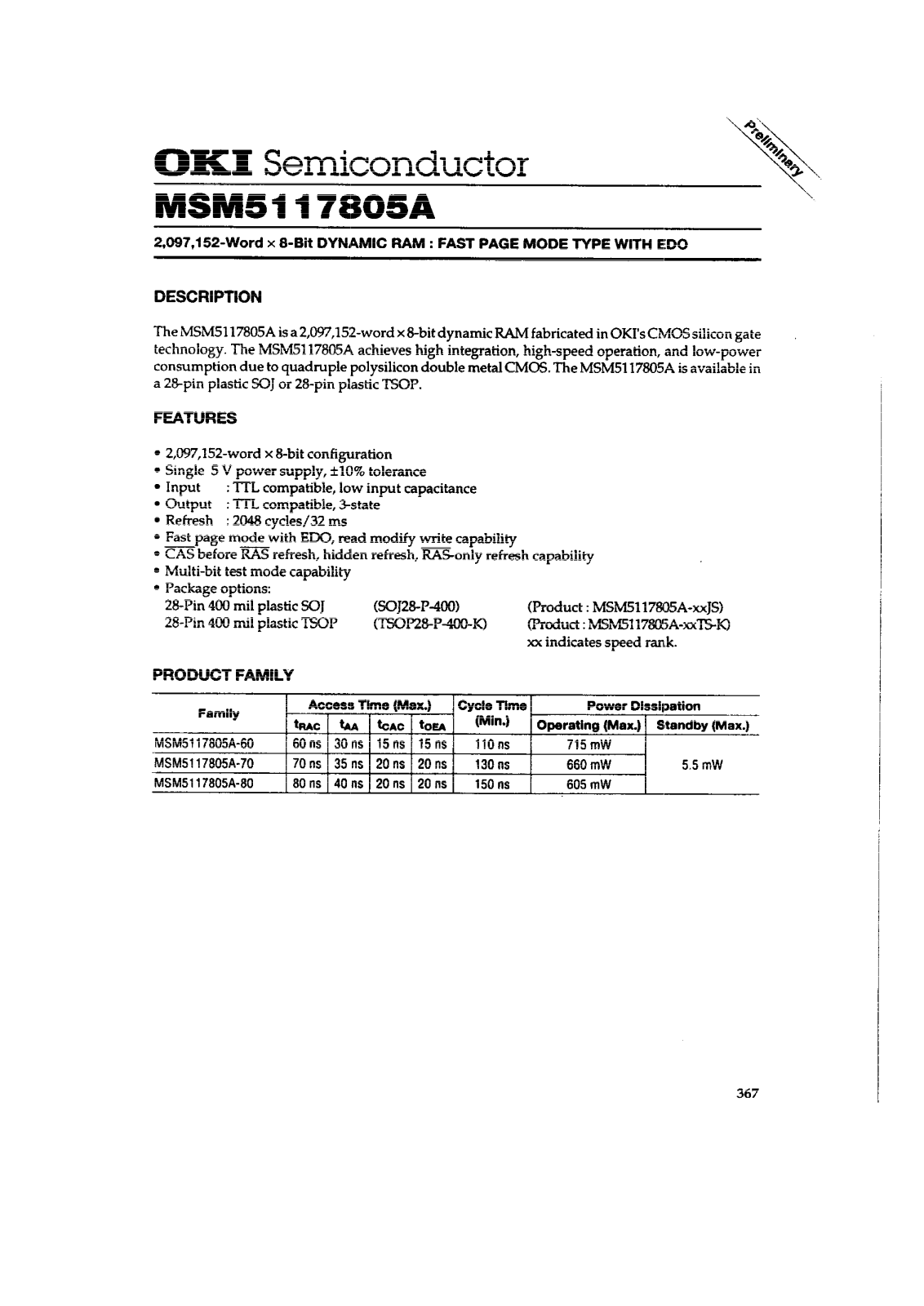 OKI MSM5117805A-80JS, MSM5117805A-60TS-K, MSM5117805A-80TS-K, MSM5117805A-70JS, MSM5117805A-60JS Datasheet