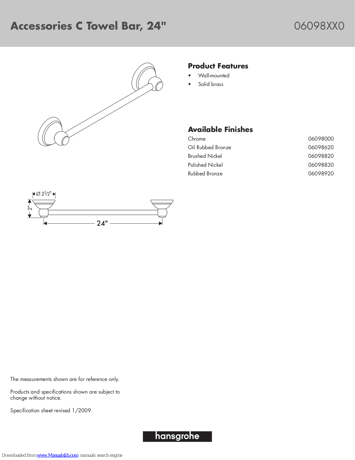 Hansgrohe 6098000, 6098620, 6098820, 6098920, 6098830 Features & Dimensions