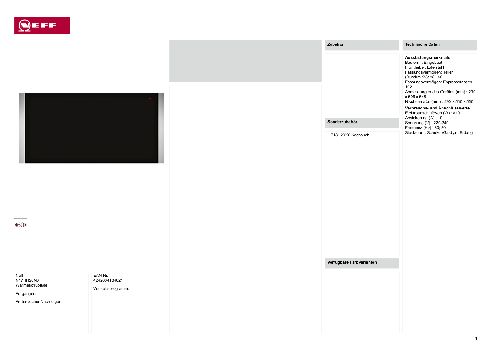 NEFF NHH 1720 N Technical data