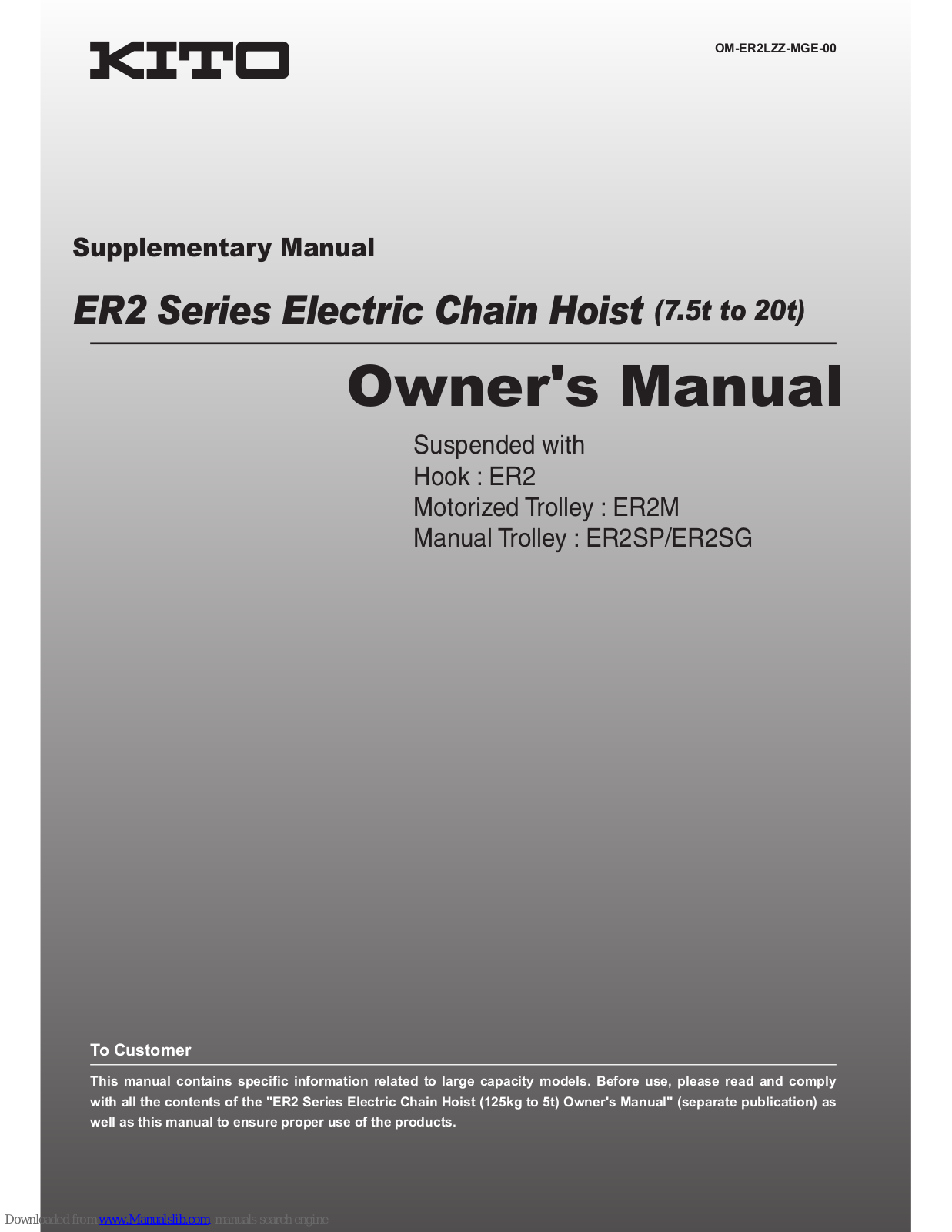 KITO ER2-075S, ER2-100L, ER2-200S, ER2-100S, ER2-150S Owner's Manual Supplement