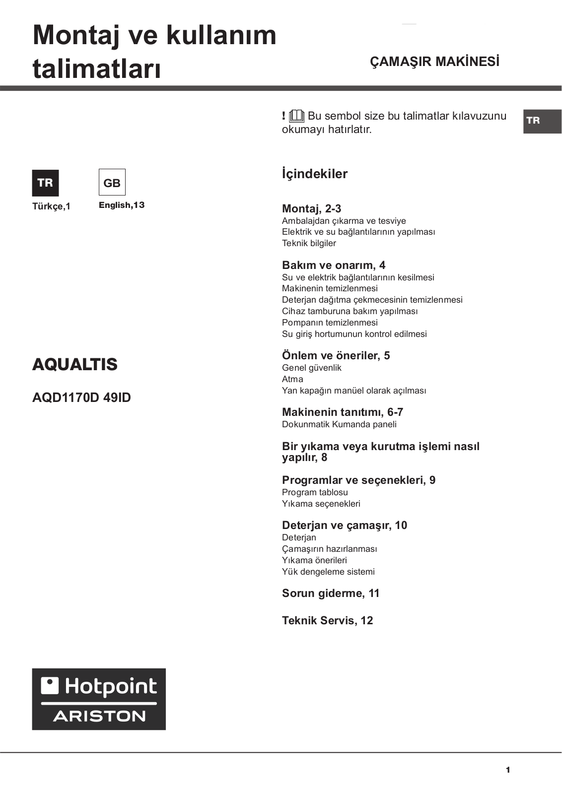 HOTPOINT/ARISTON AQD1171D 49ID TK User Manual