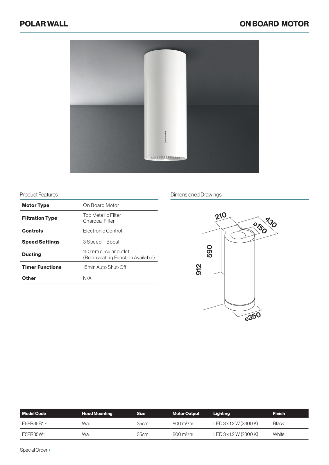 Falmec F5PR35W1 Specifications Sheet