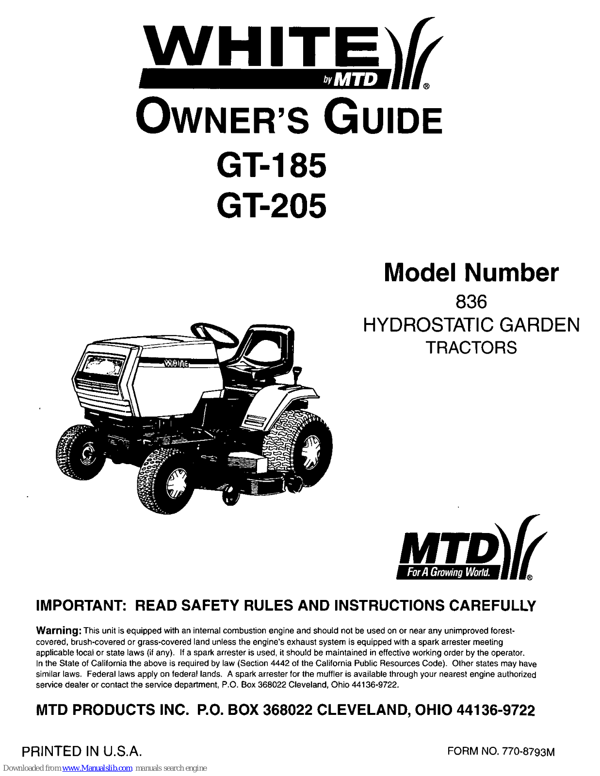 White outdoor 836, GT-185, GT-205 Owner's Manual