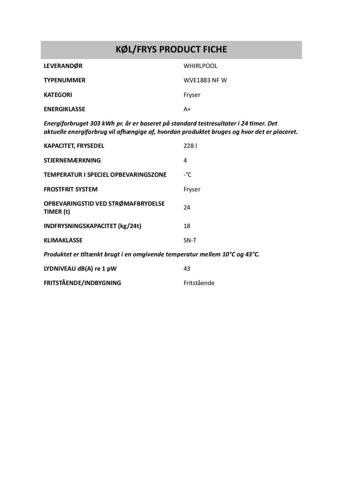 Whirlpool WVE1883 NF W PRODUCT SHEET