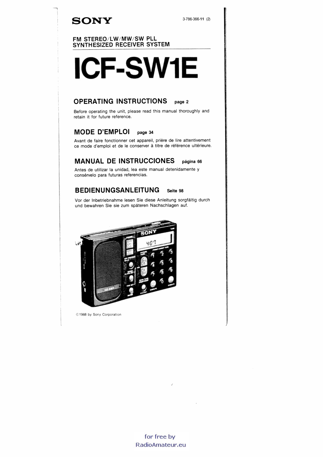 Sony ICF-SW1E Operating Instructions Manual