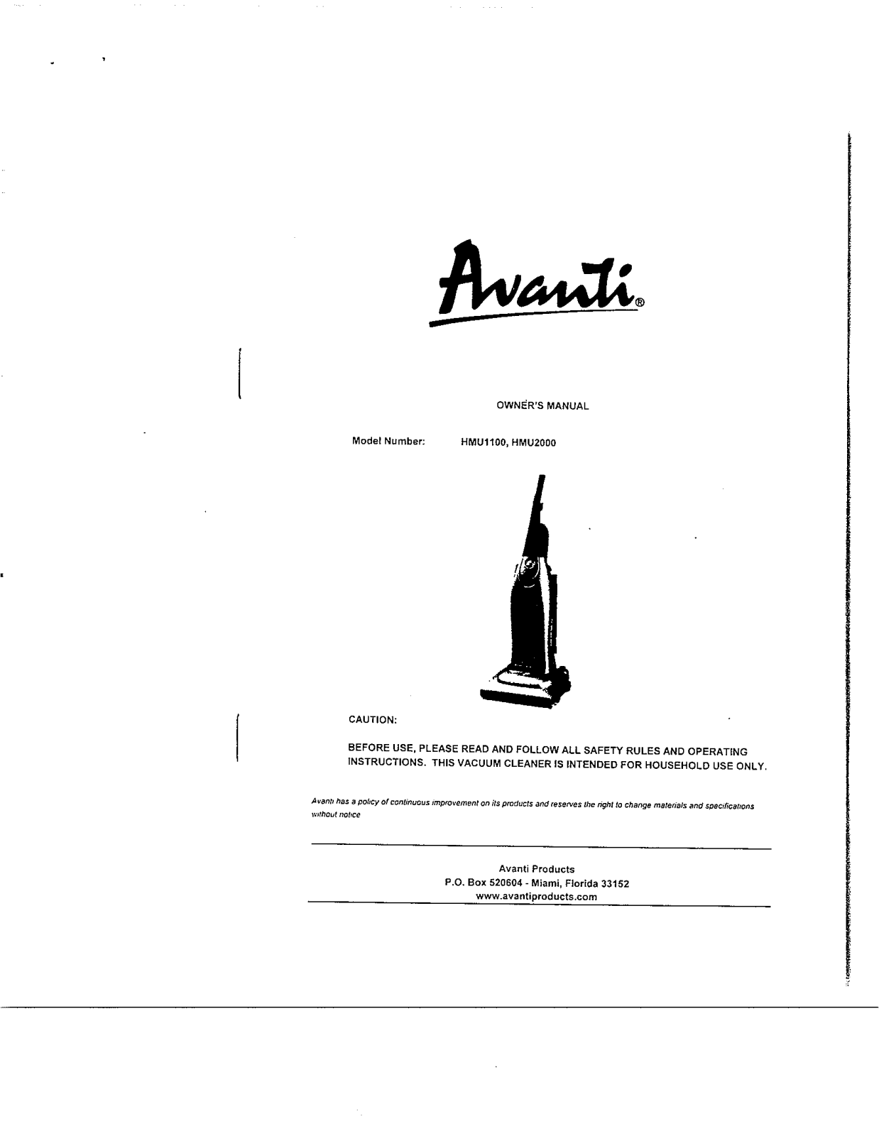 Avanti HUM1100, HMU2000 User Manual