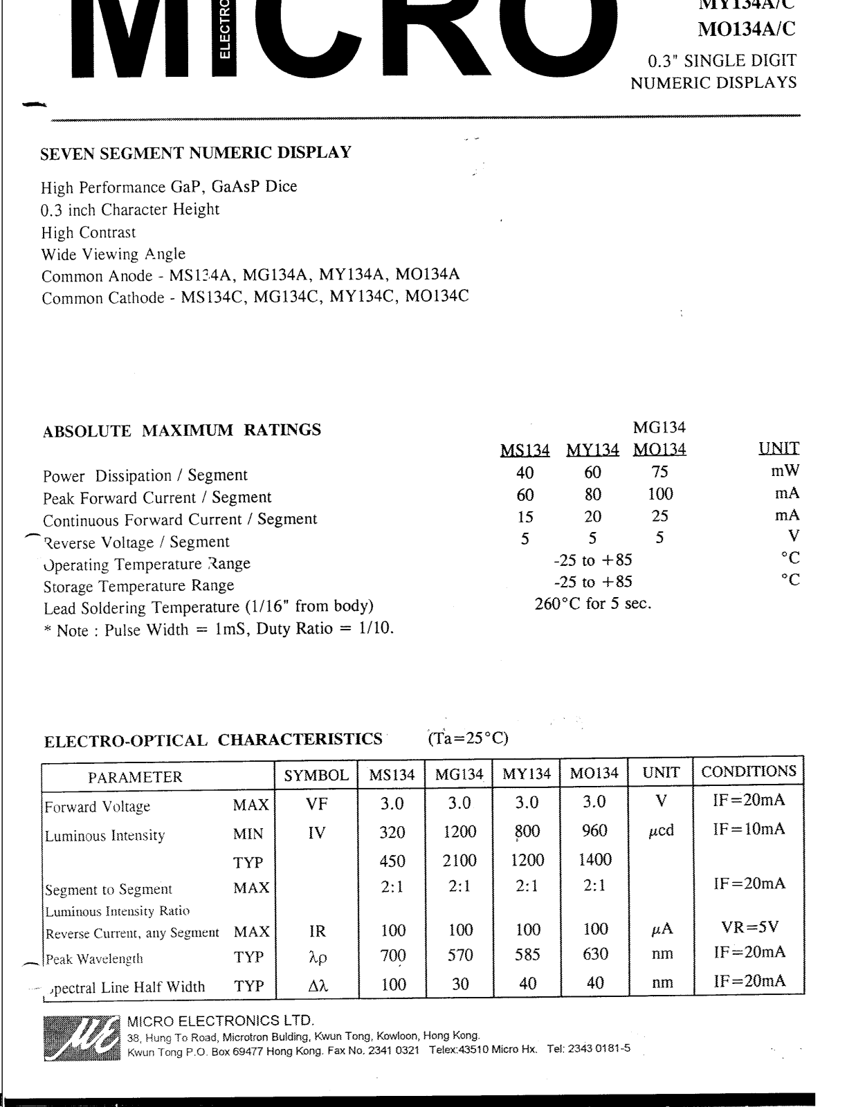 MICRO MO134A, MY134A, MY134C, MO134C Datasheet