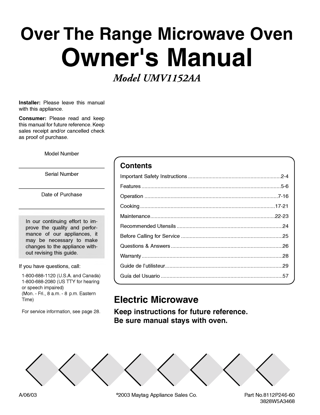 LG UMV1152AAQ, UMV1152AAW, UMV1152AAB Manual