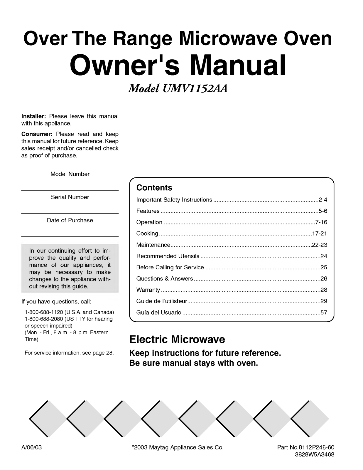 LG UMV1152AAQ, UMV1152AAW, UMV1152AAB User Manual