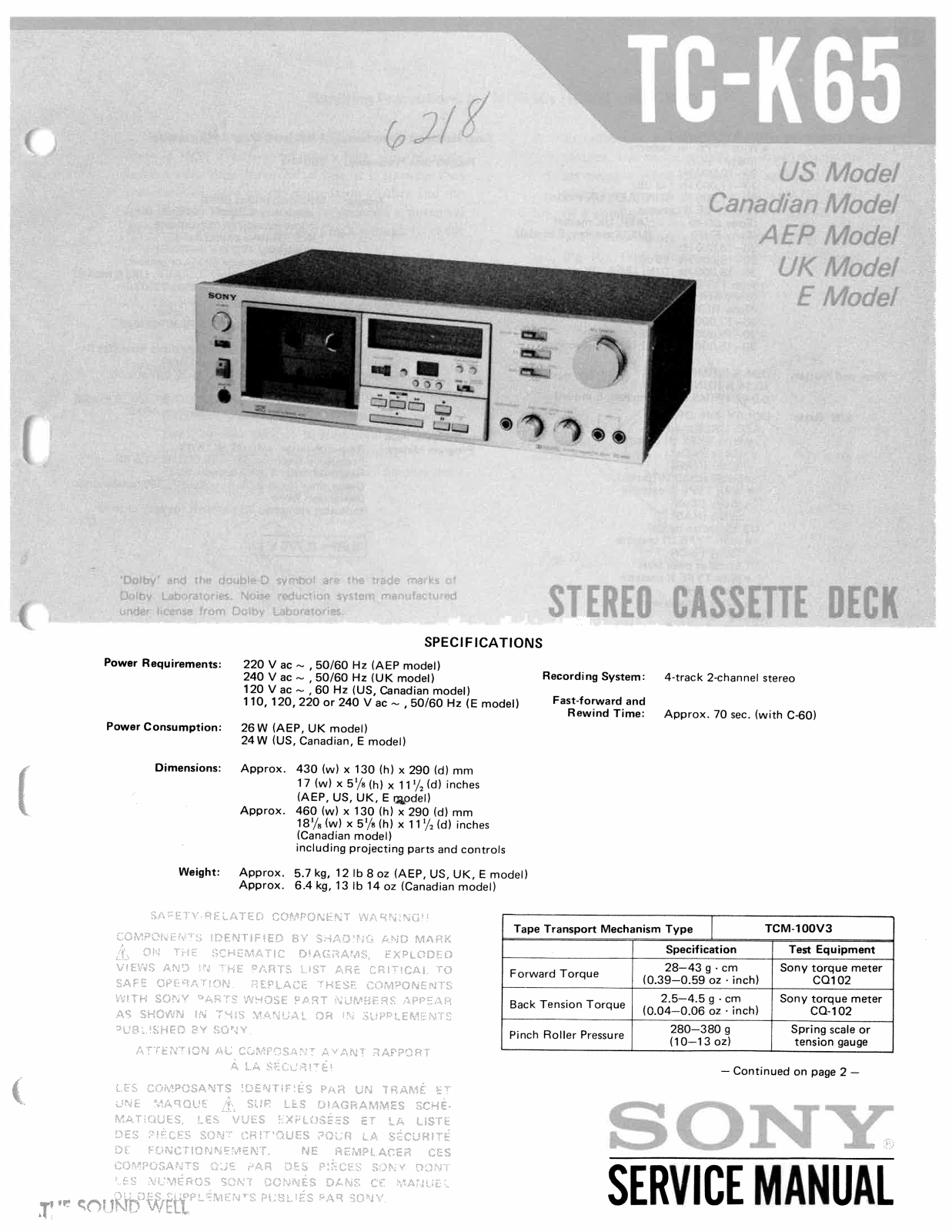 Sony TCK-65 Service manual