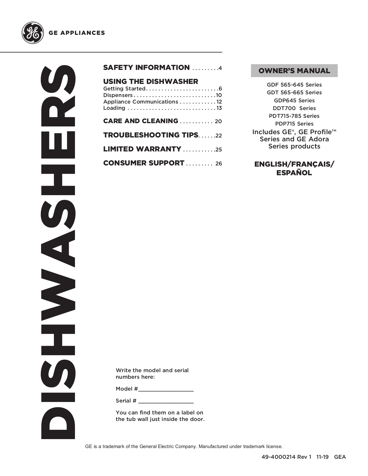 GE GDF645SMNES, PDT785SYNFS, PDT715SMNES, PDT715SFNDS, PDT775SYNFS Use & Care Guide