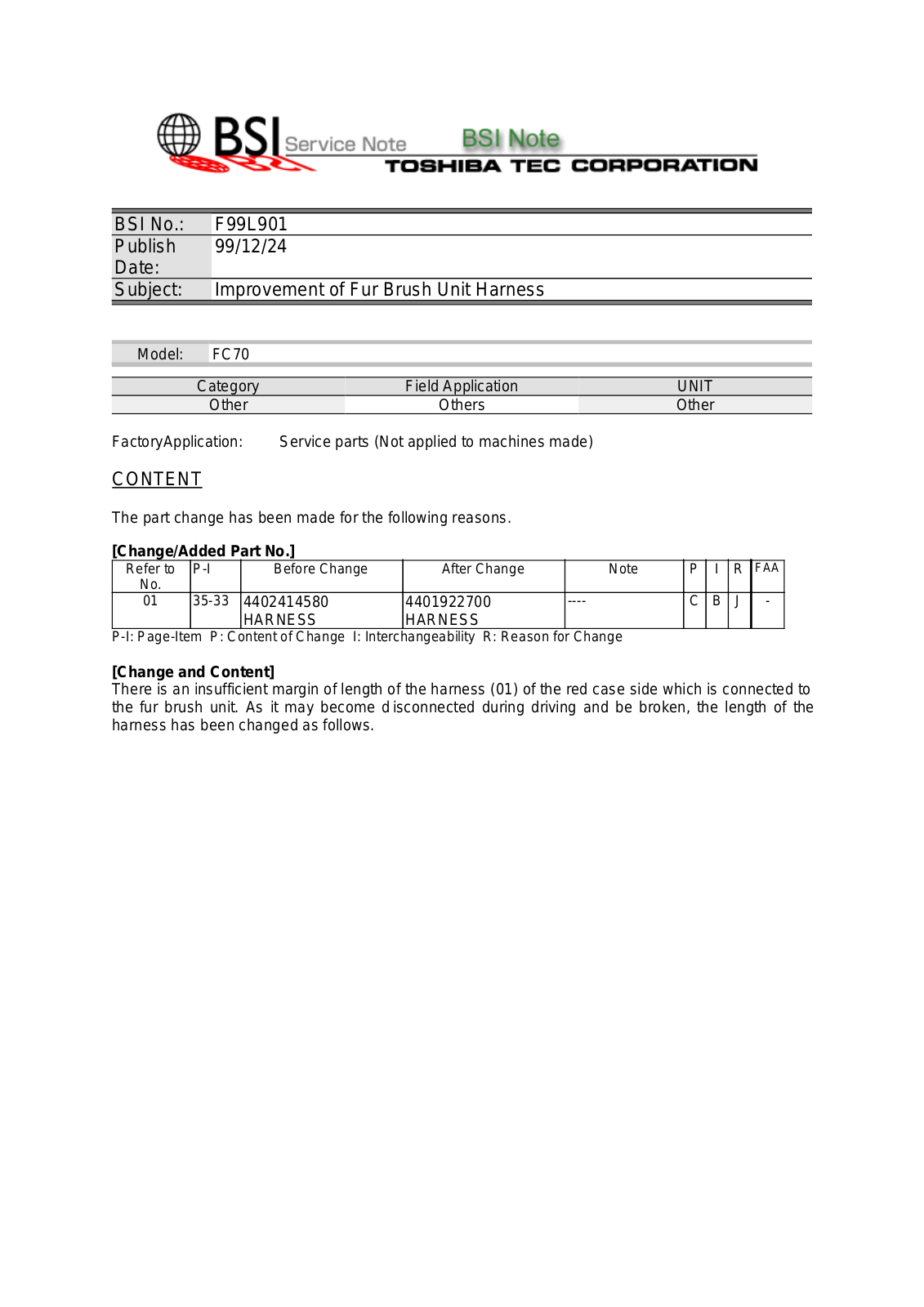 Toshiba f99l901 Service Note