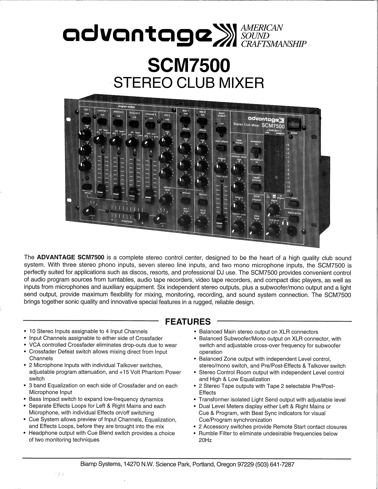 Biamp ADVANTAGE SCM 7500 User Manual