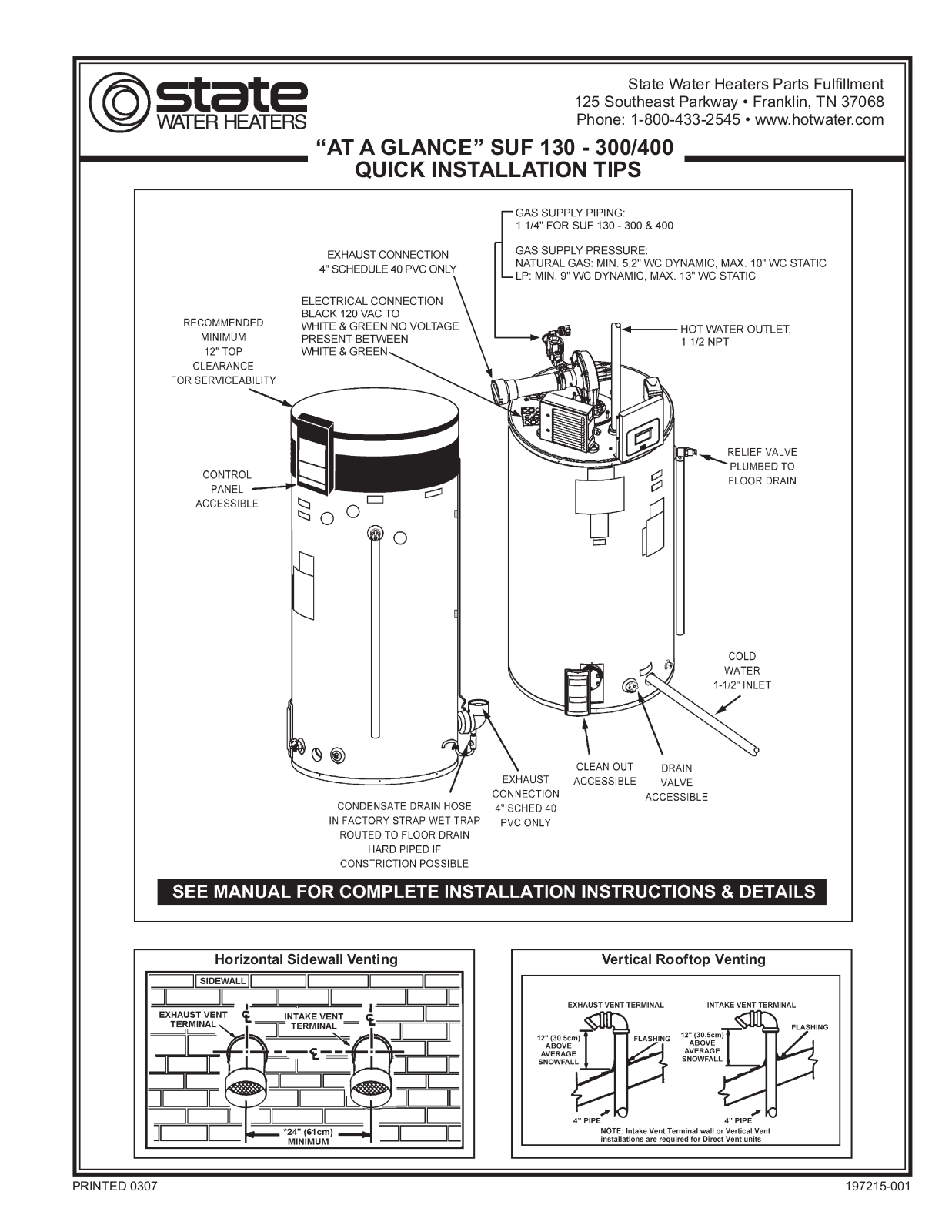 State Industries SUF 130-300-400 User Manual