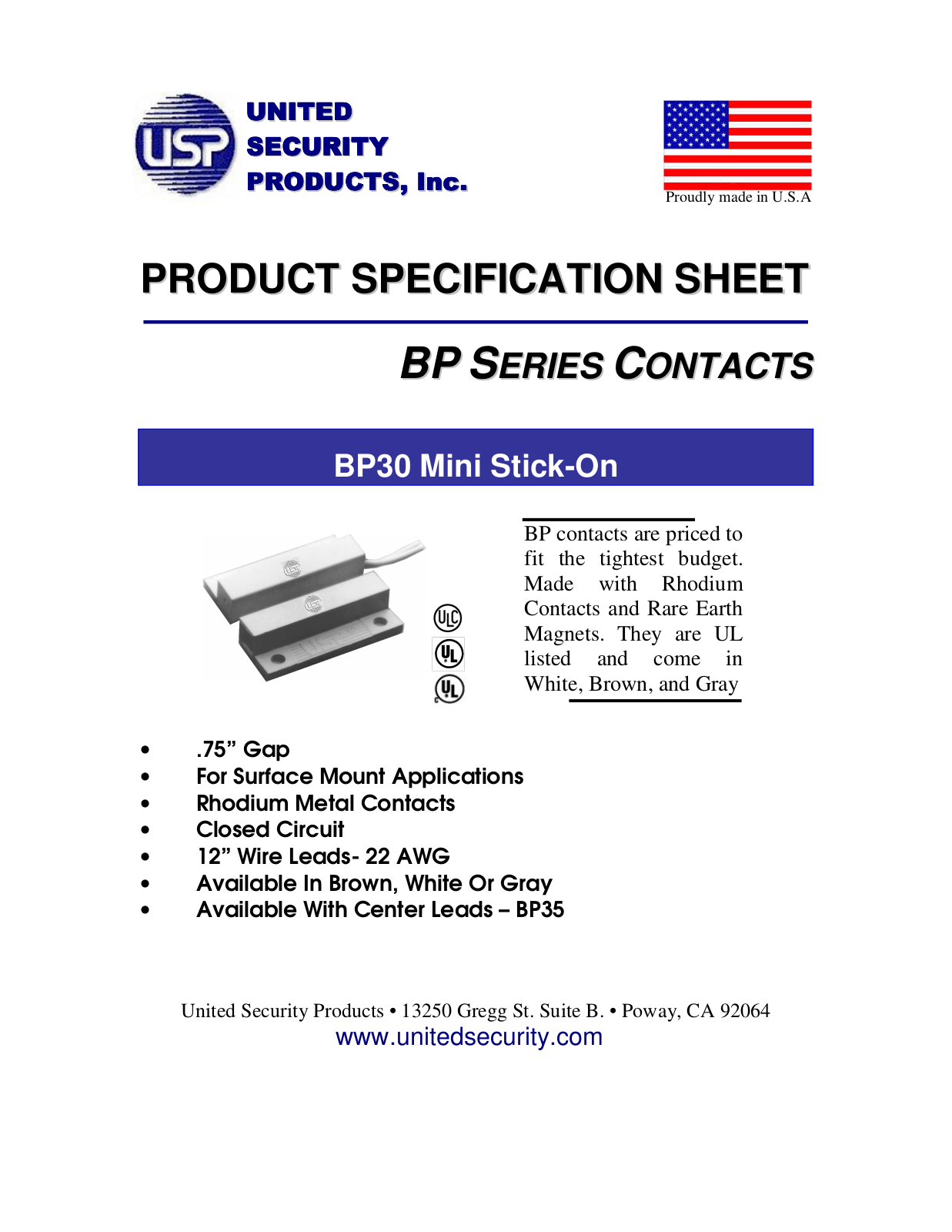 United Security Products BP30 Specsheet