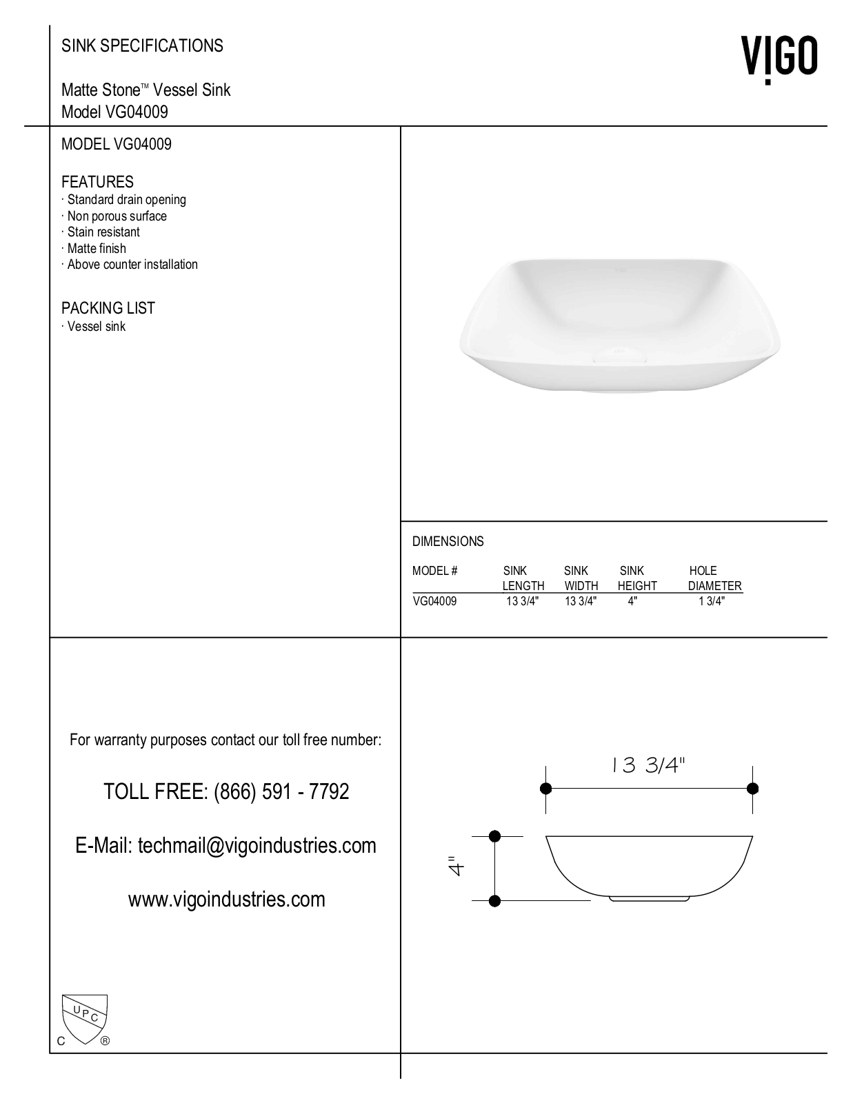 Vigo VG04009, VGT1222, VGT1221, VGT1220, VGT1223 Specifications