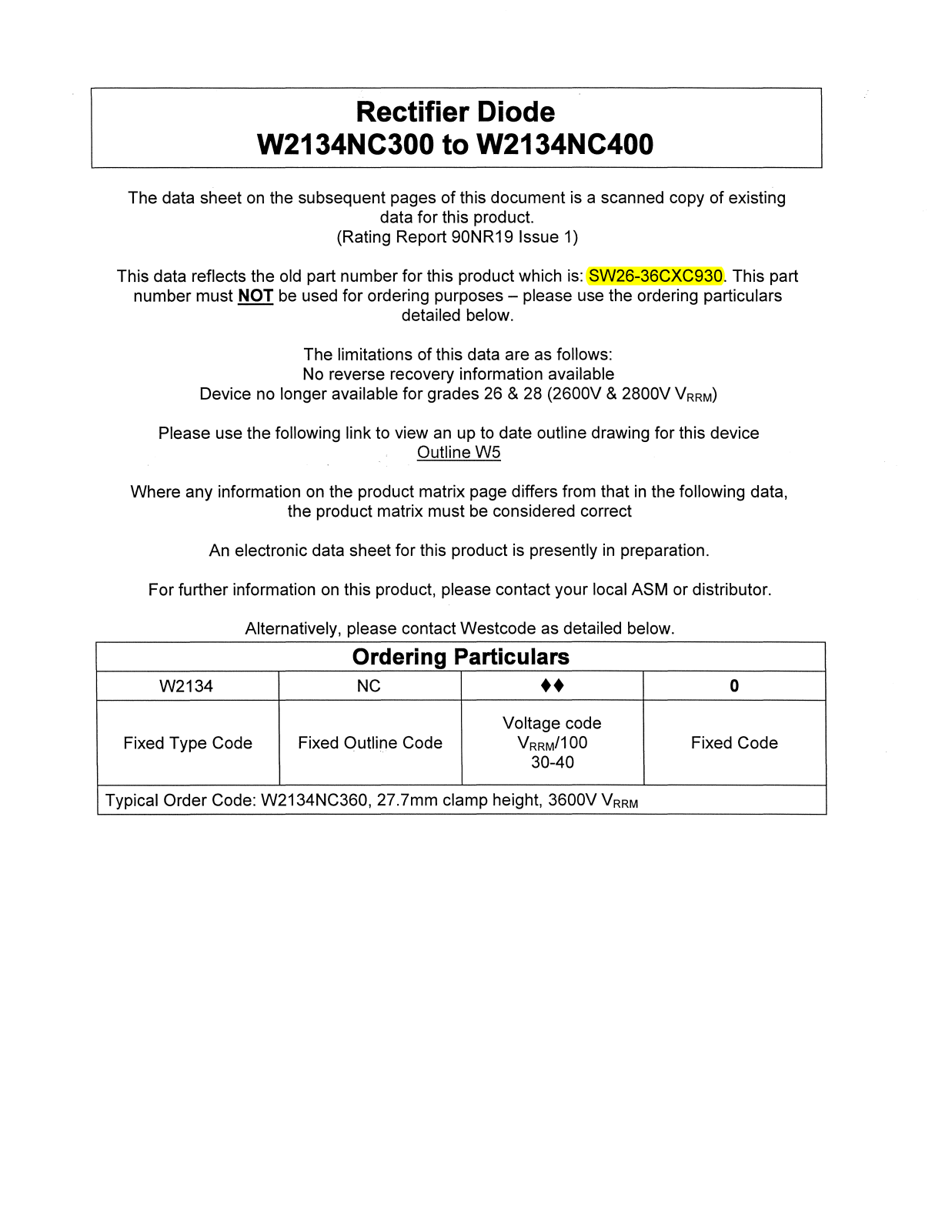 Datasheet W2134NC300, W2134NC400 Datasheet (Westcode Semiconductors) - ManualMachine.com