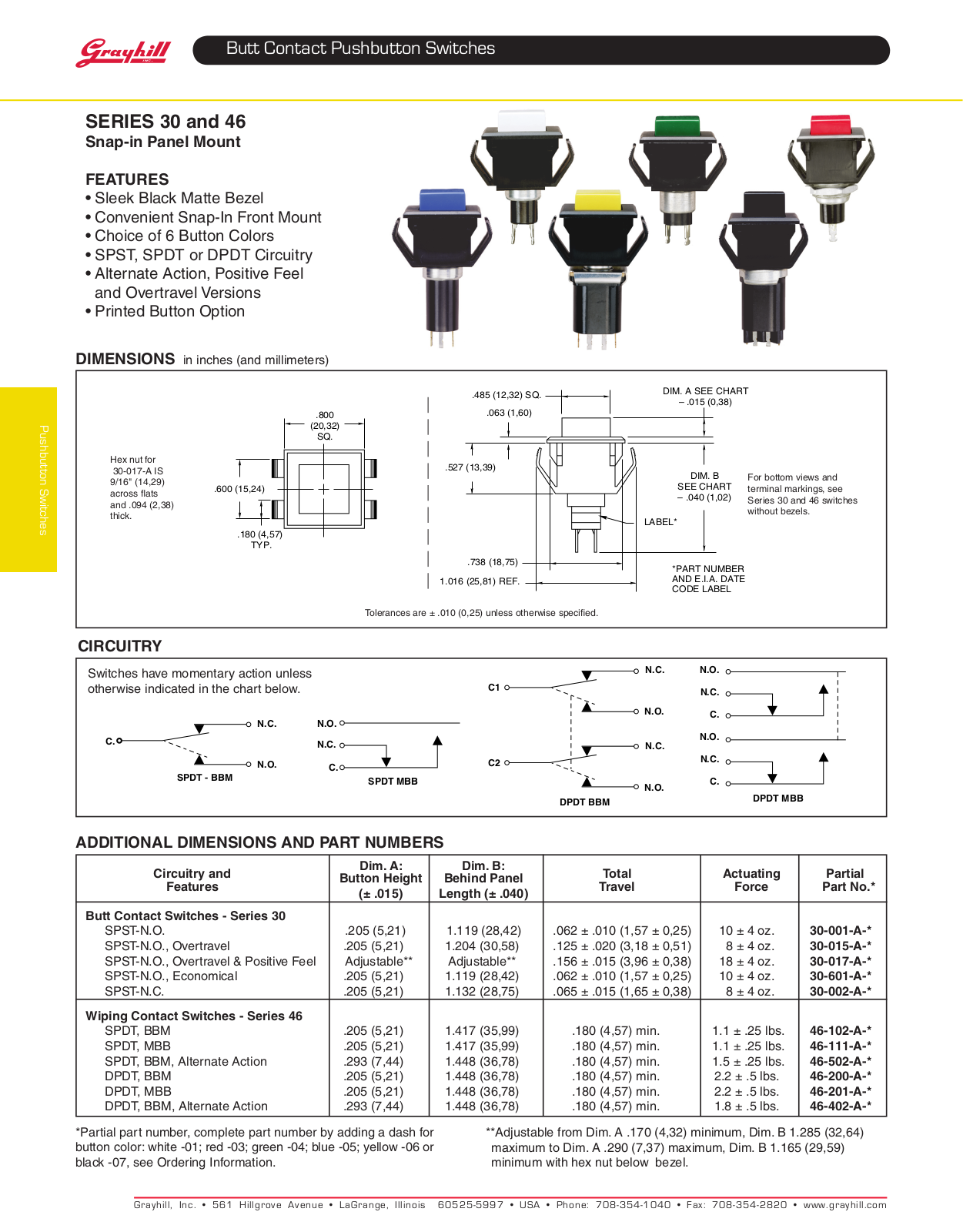 Grayhill Pushbutton switches Butt Contact 46 User Manual