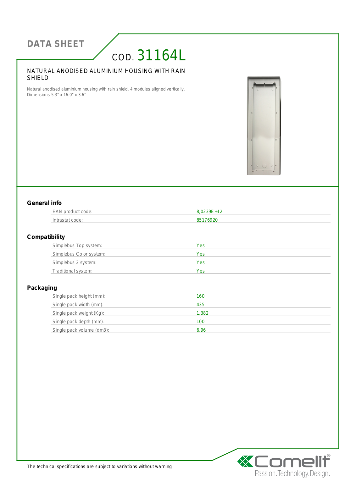 Comelit 3116-4L Specsheet