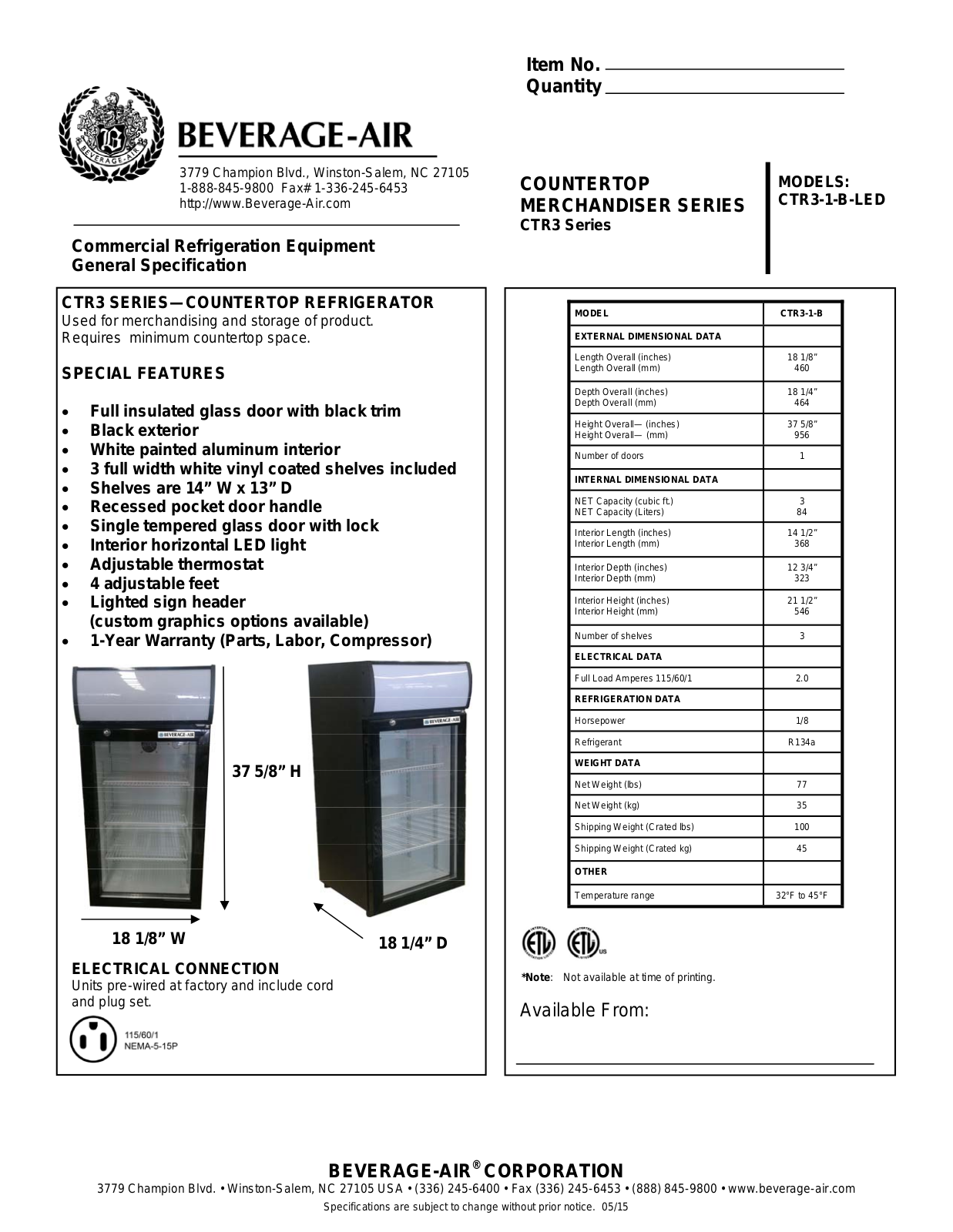 Beverage Air CTR3-1-B-LED User Manual