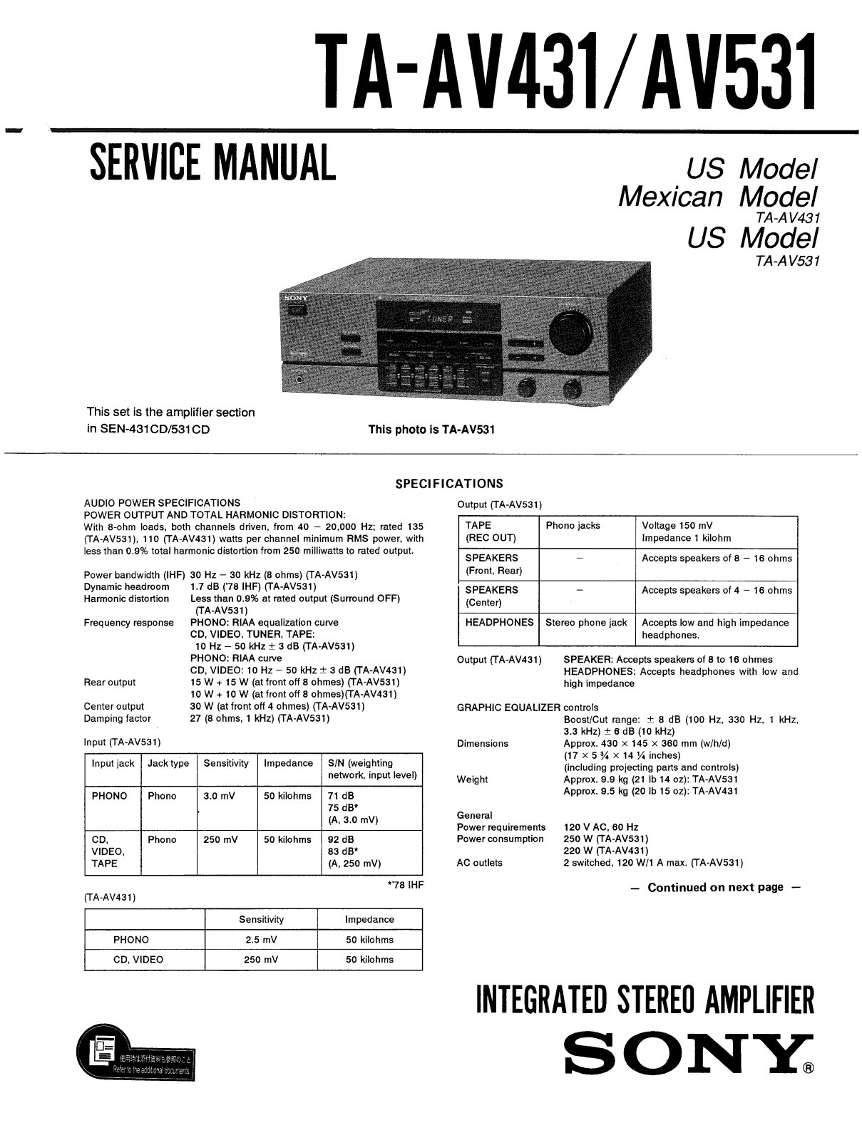 Sony TAAV-431, TAAV-531 Service manual