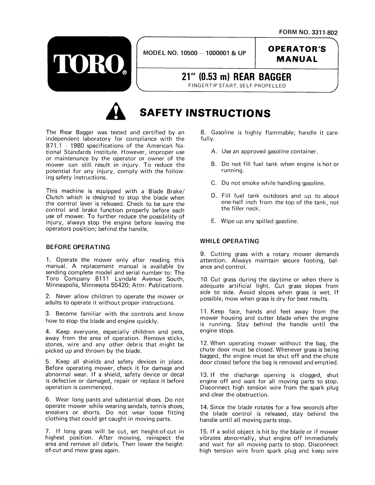 Toro 10500 Operator's Manual