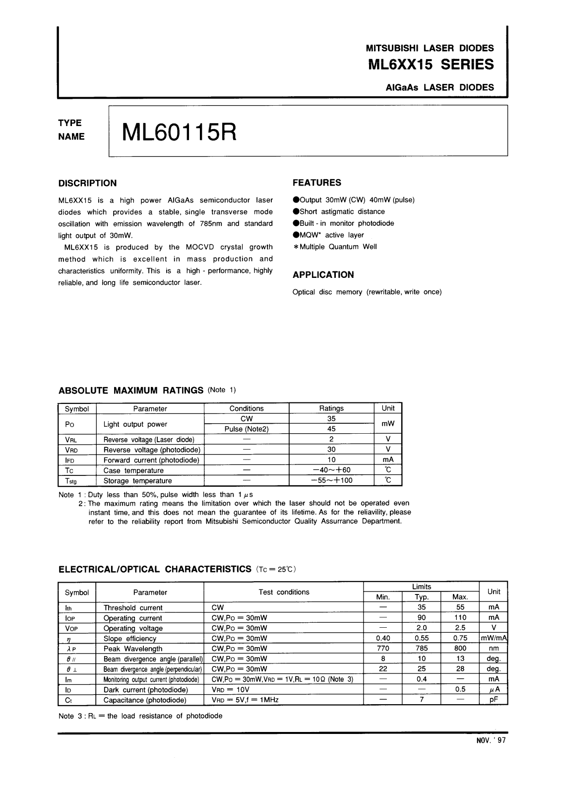 Mitsubishi ML60115R Datasheet