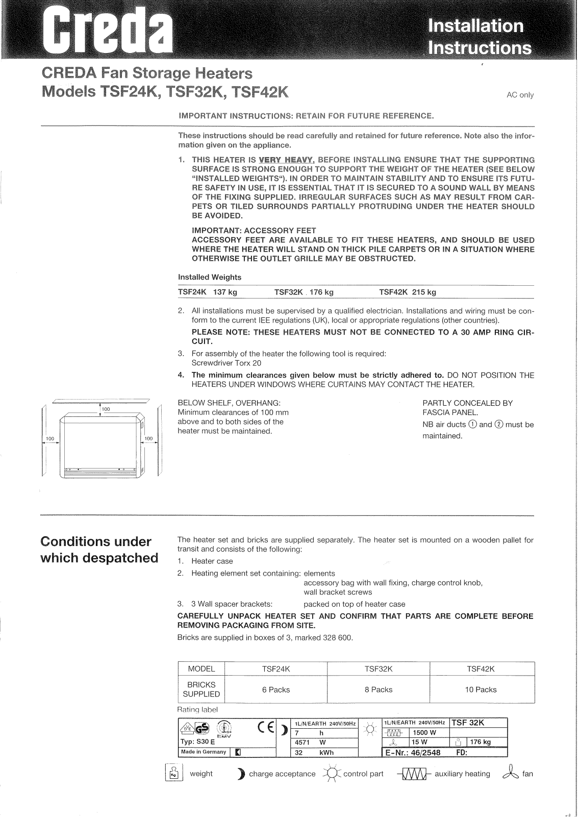 Creda TSF42K, TSF32K, TSF24K User Manual