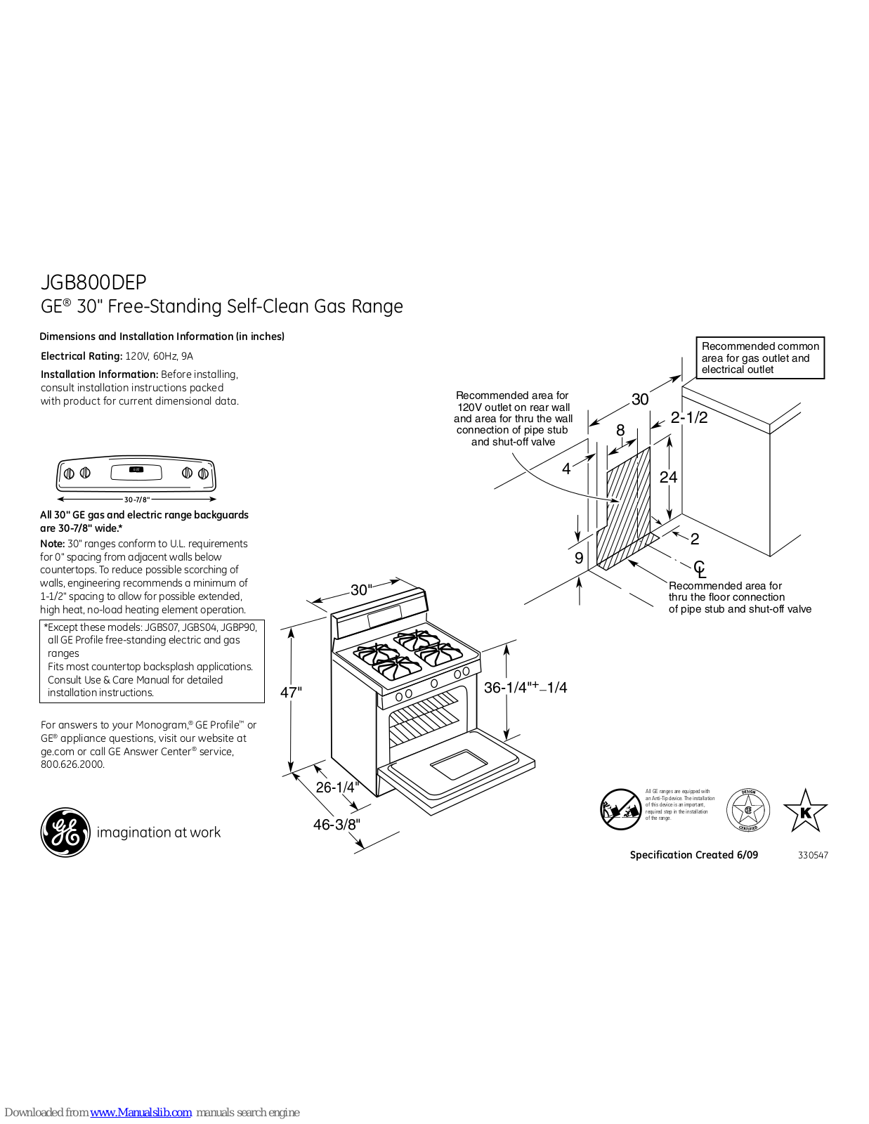 GE Profile JGB800DEP, GE Profile JGB800DEPBB, GE Profile JGB800DEPCC, GE Profile JGB800DEPWW Dimensions And Installation Information