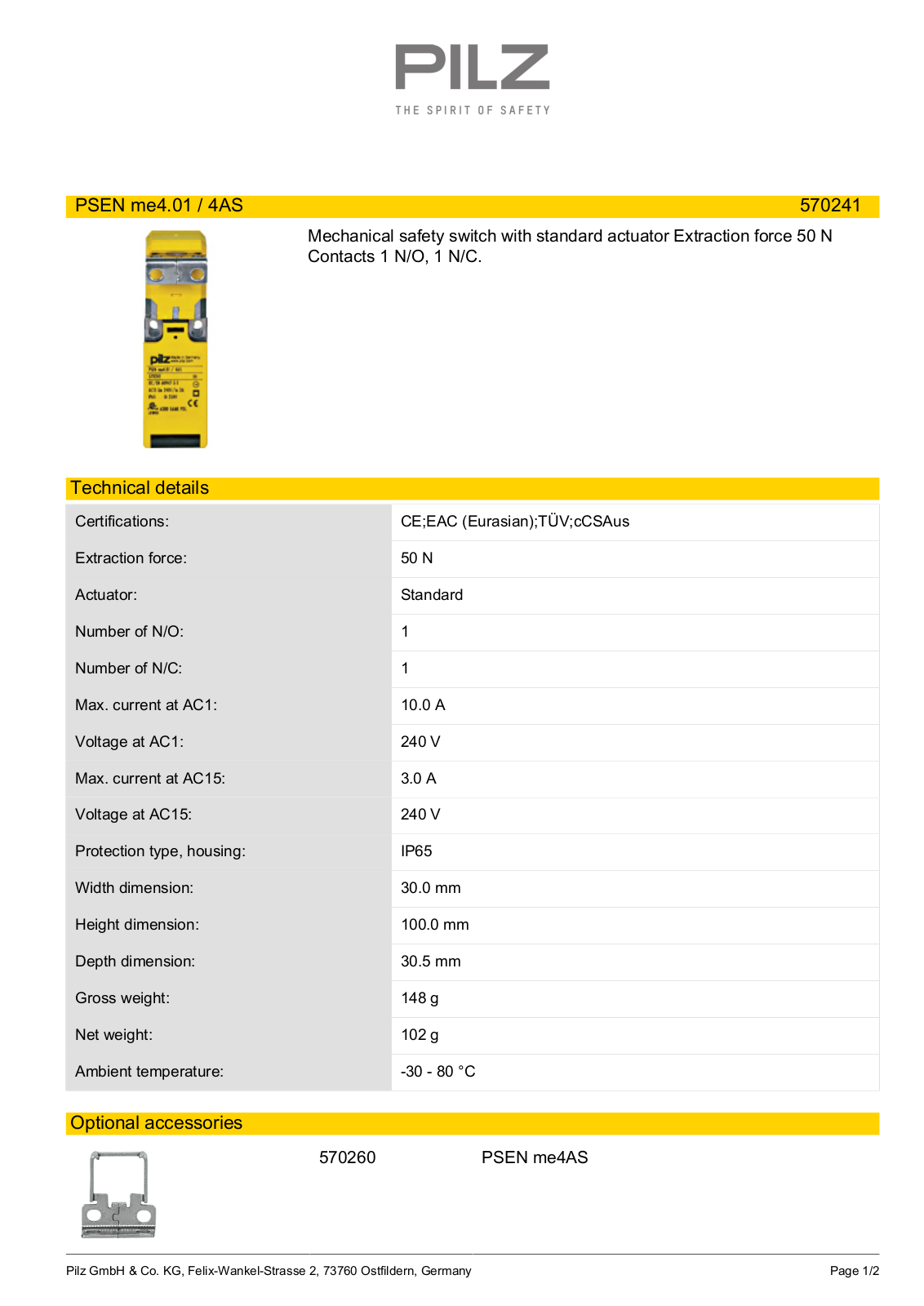 Pilz 570241 Data Sheet