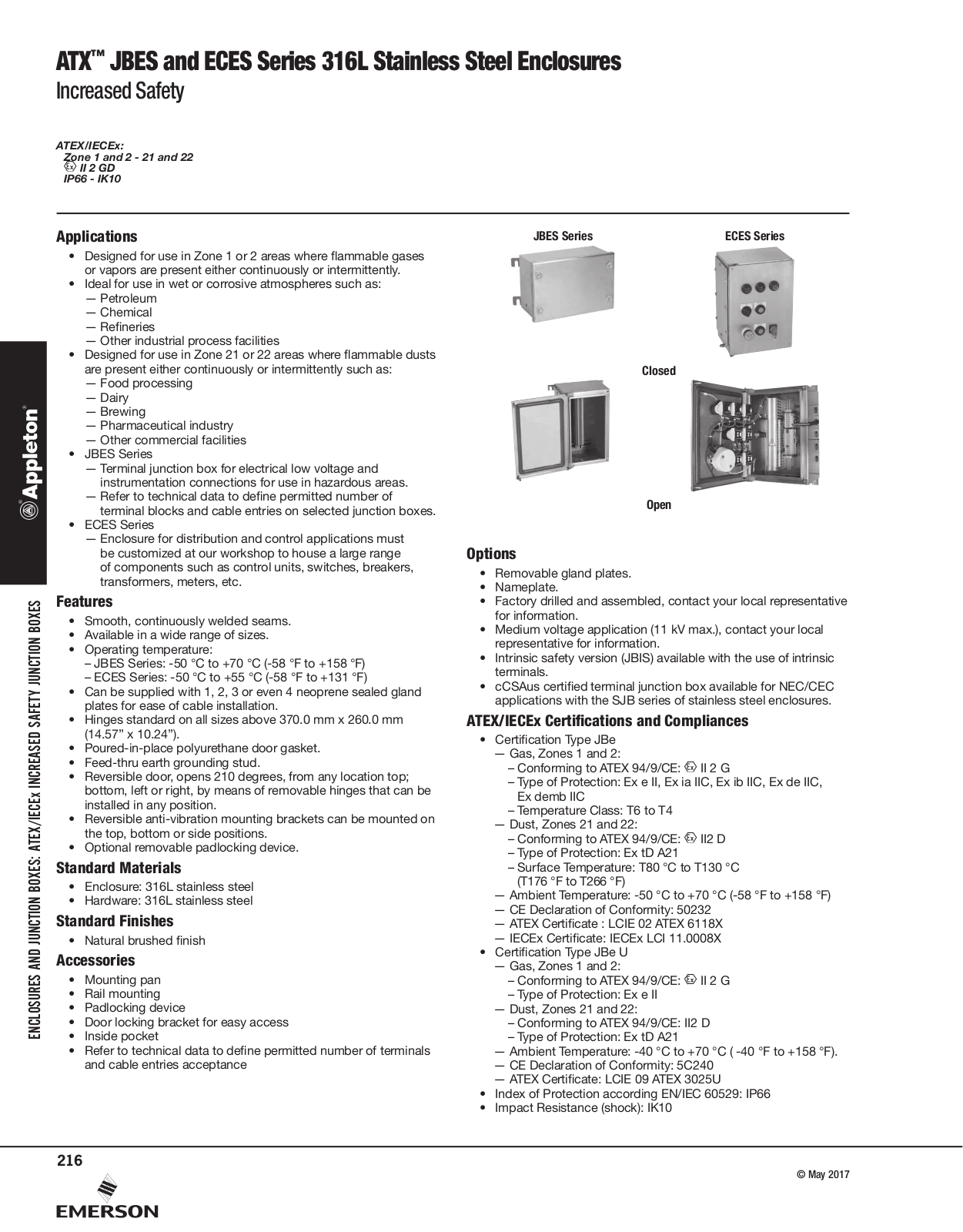 Appleton JBES  Series 316L Stainless Steel Enclosures, ECES Series 316L Stainless Steel Enclosures Catalog Page