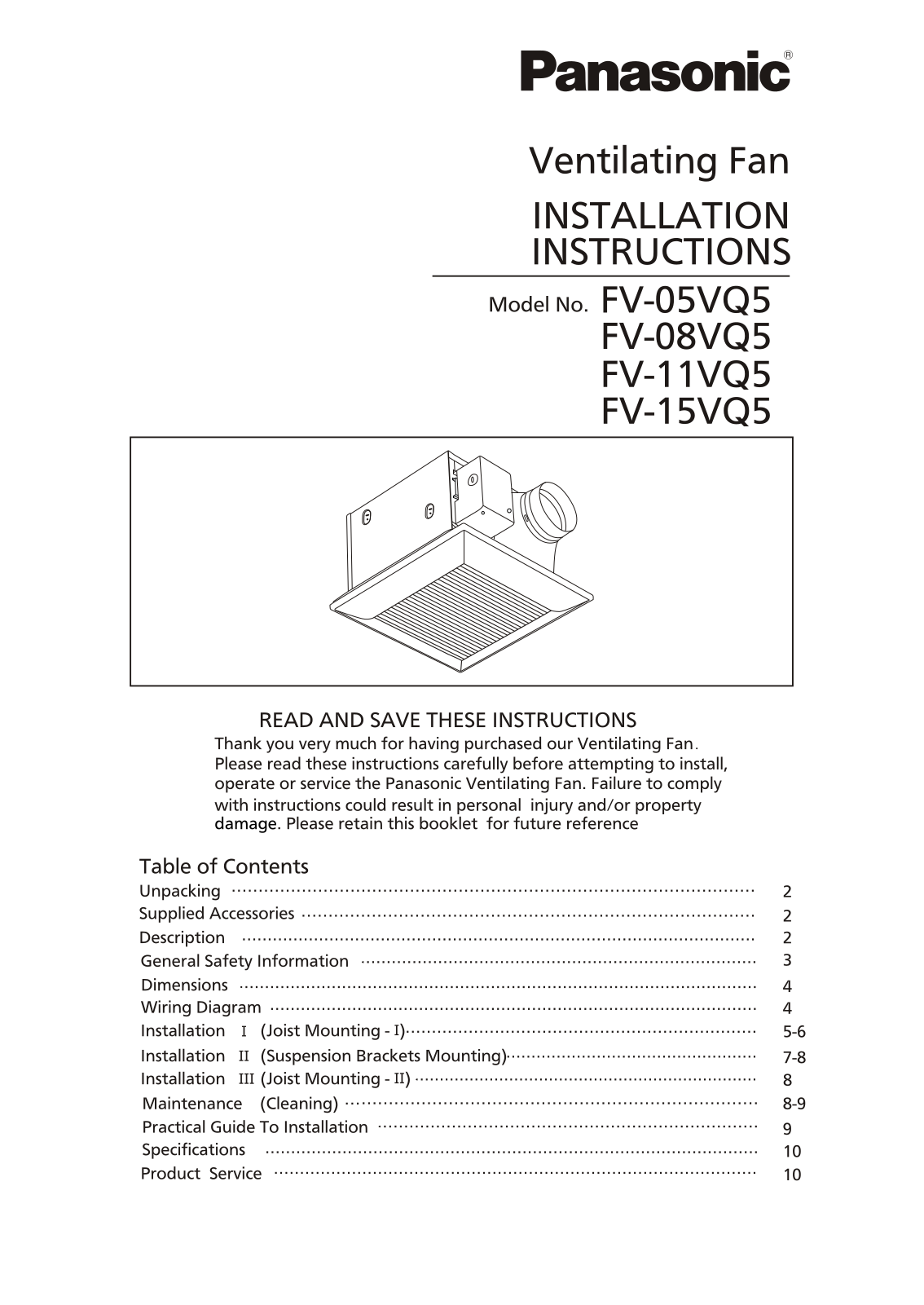 Panasonic fv-xxvq5 Operation Manual