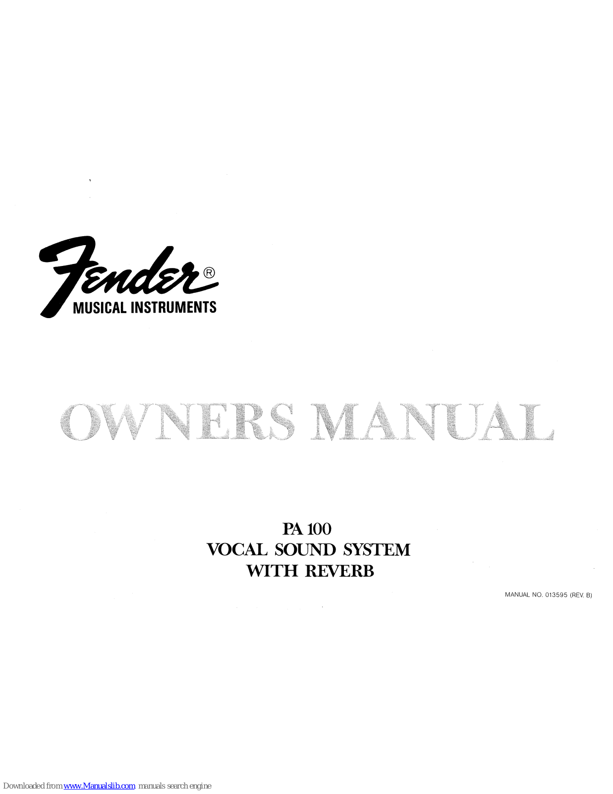 Fender VOCAL SOUND SYSTEM WITH REVERB PA 100 Owner's Manual