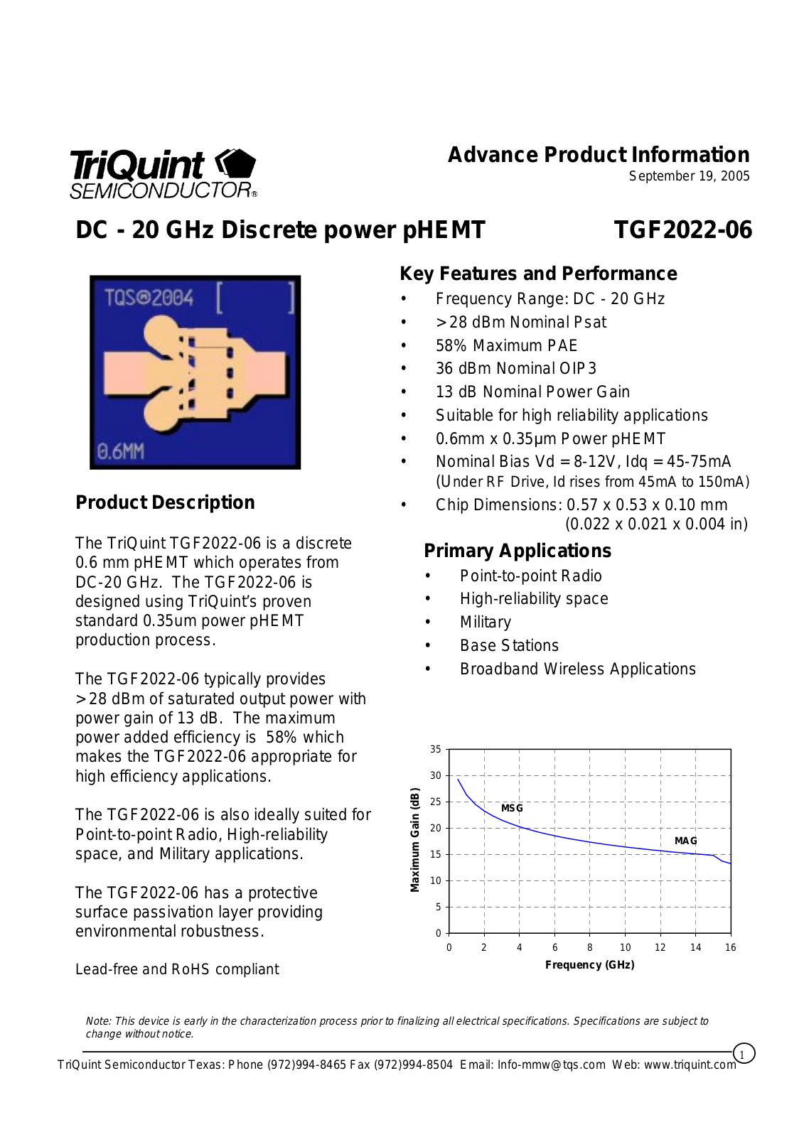 TriQuint TGF2022-06 Technical data