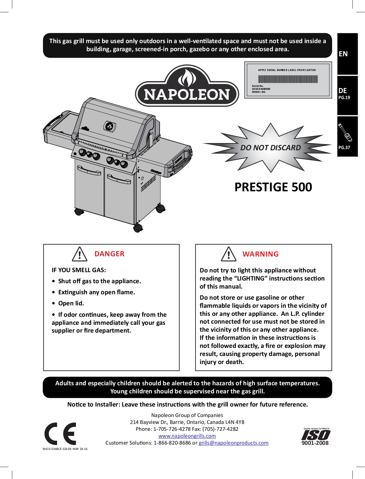 Napoleon PRESTIGE 500 operation manual