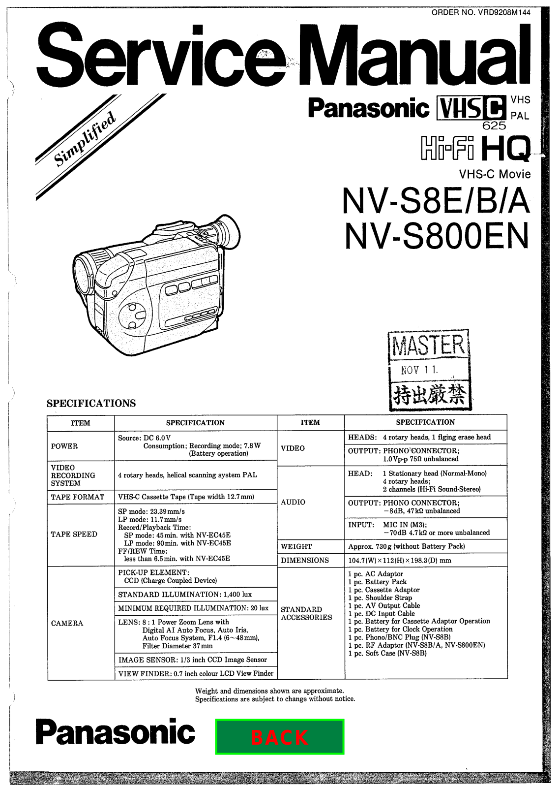 Panasonic NV-S8, NV-S800 Service Manual