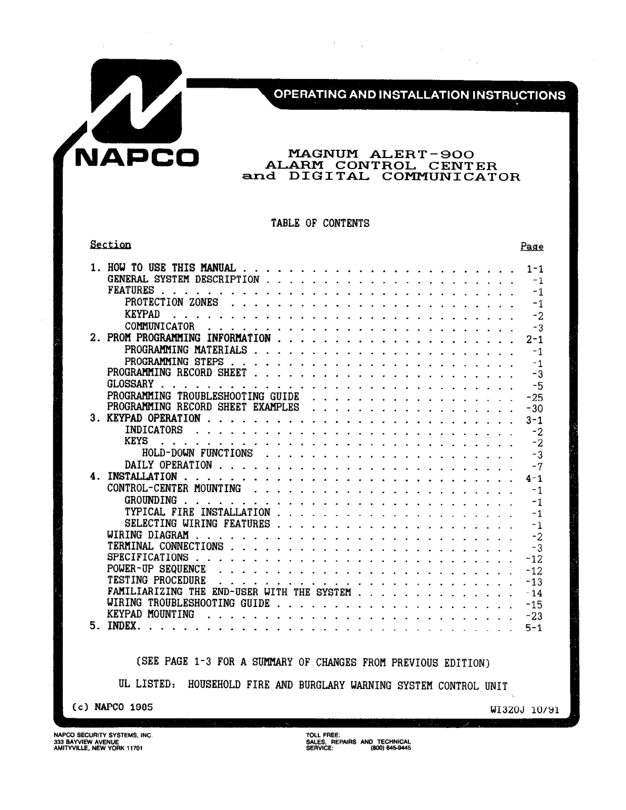 NAPCO MA900 Installation Manual