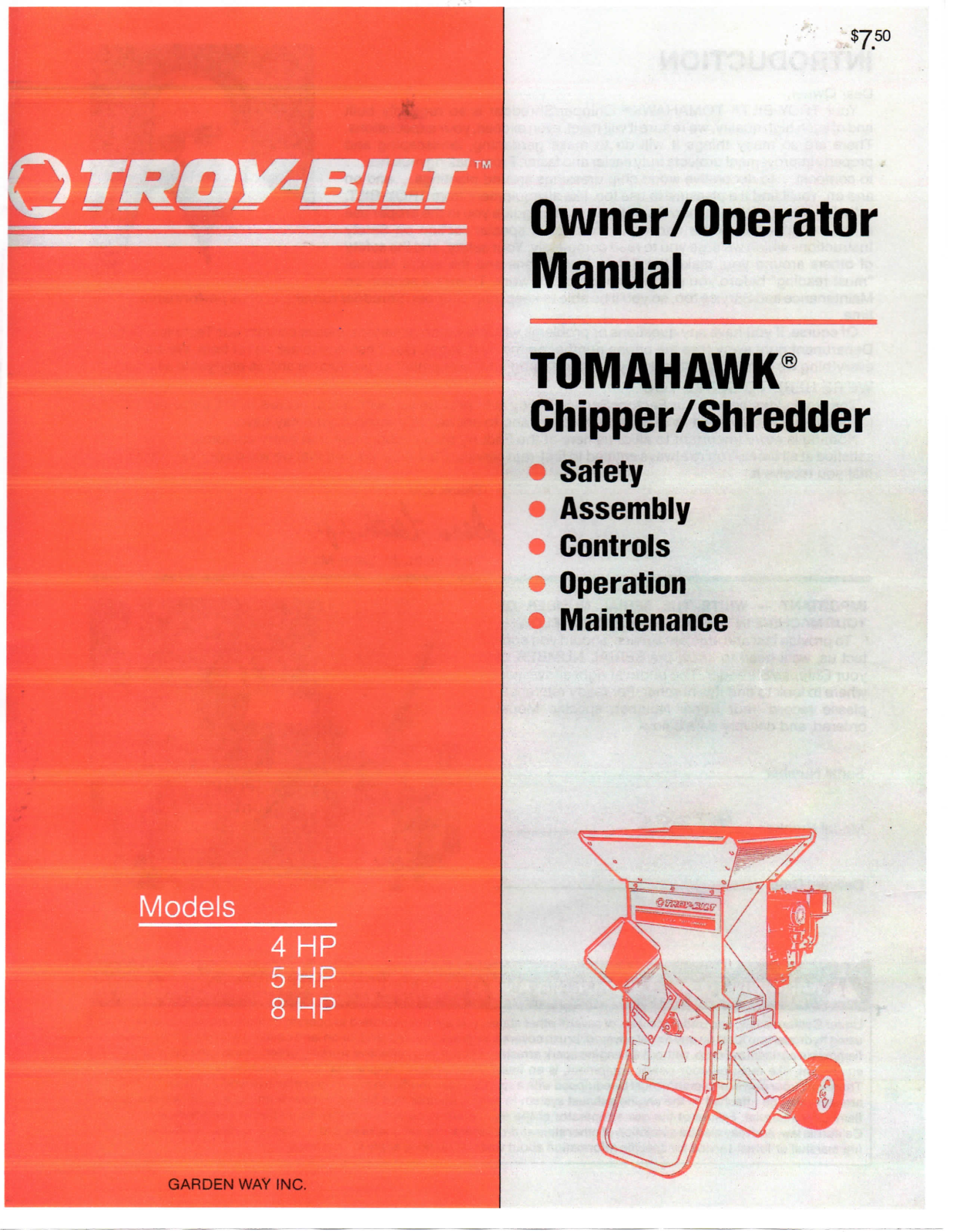 Troy-Bilt Tomahawk 4 HP, Tomahawk 5 HP, Tomahawk 8 HP Owner's/operator's Manual